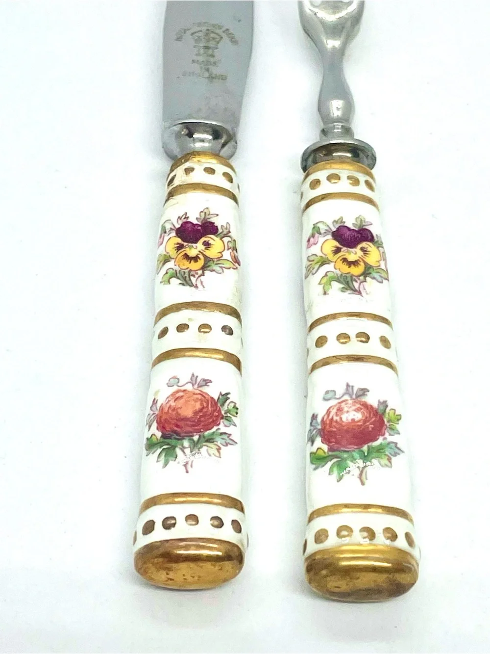 ⁠Royal Crown Derby Posies Fruit Knife Fork Set Gold Accents Porcelain Handle VTG